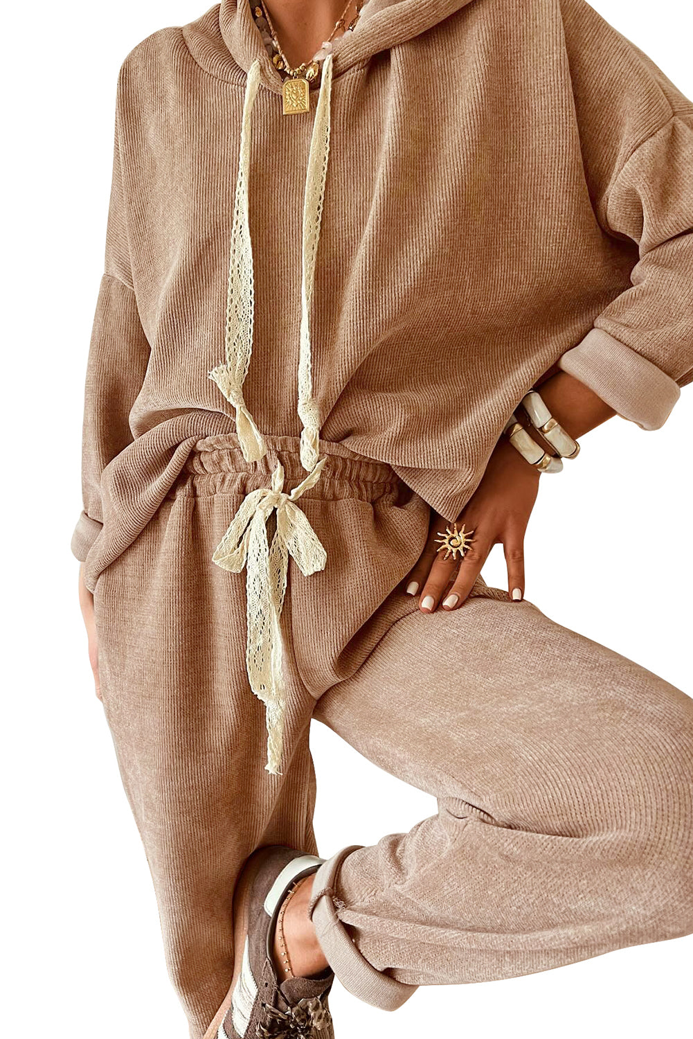 Jet Stream Drawstring Pullover Hoodie and High Waist Pants Corduroy Suit  Shop One Place