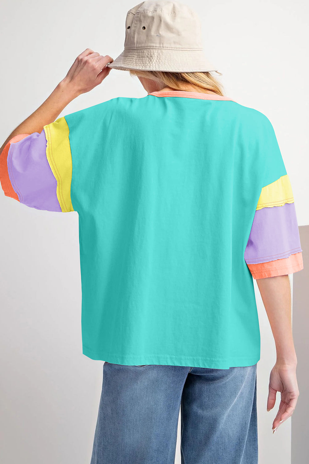 Green Color Block Sleeve Round Neck Oversize Top  Shop One Place