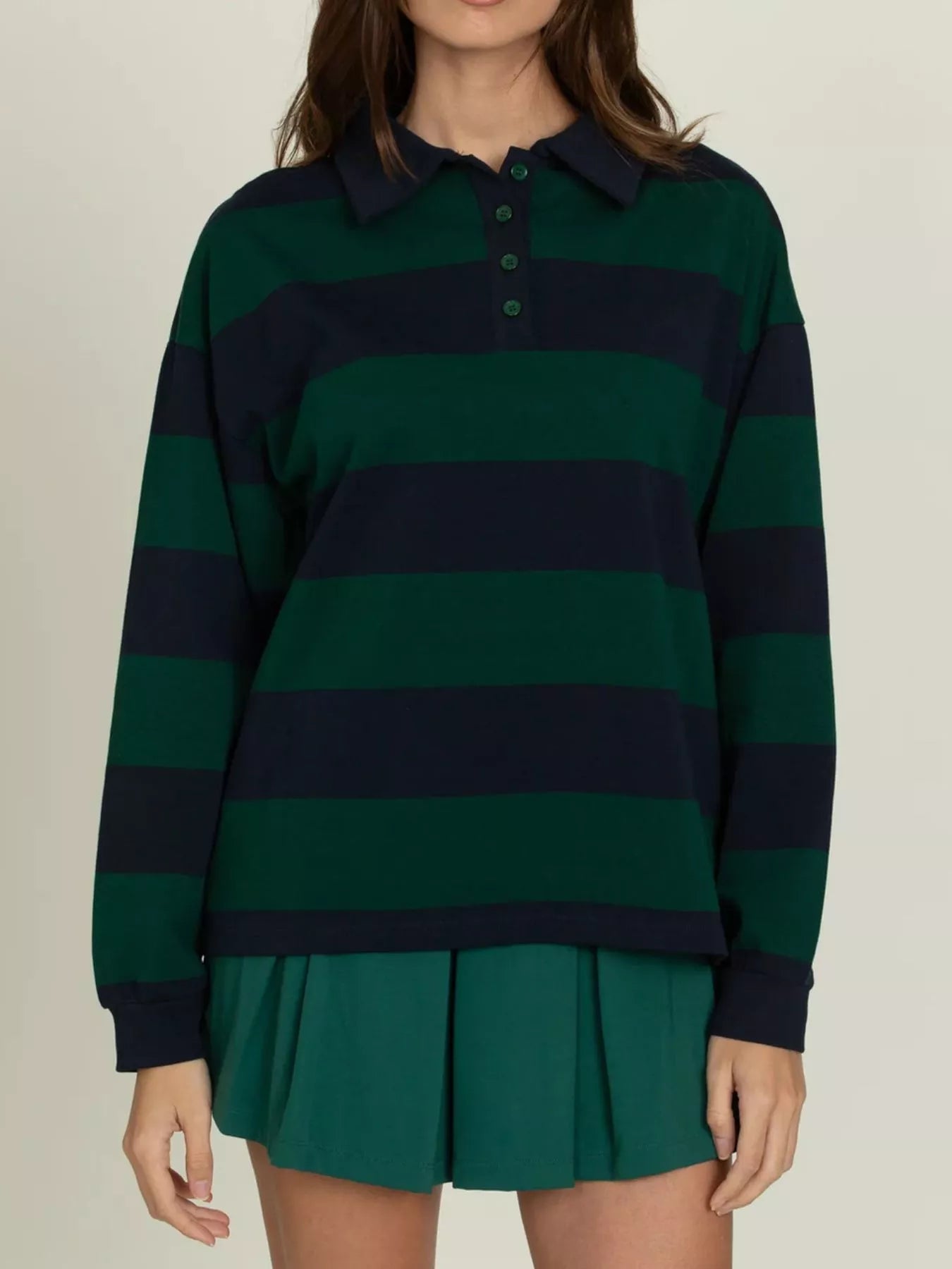 Striped Polo Collar Sweatshirt with Button Details  Shop One Place