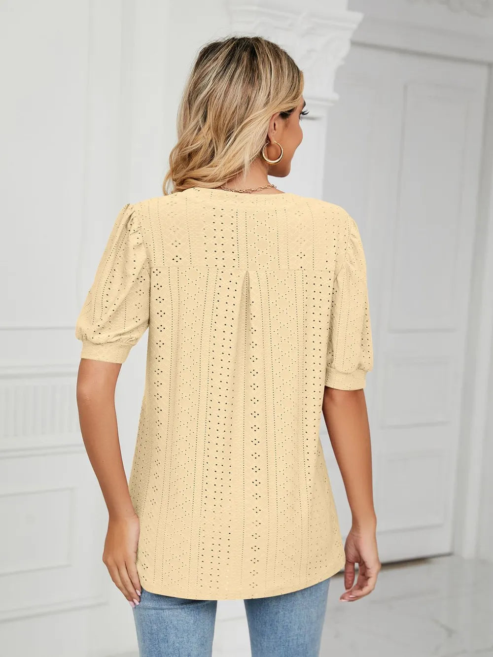 Florira Eyelet Notched Short Sleeve T-Shirt  Shop One Place