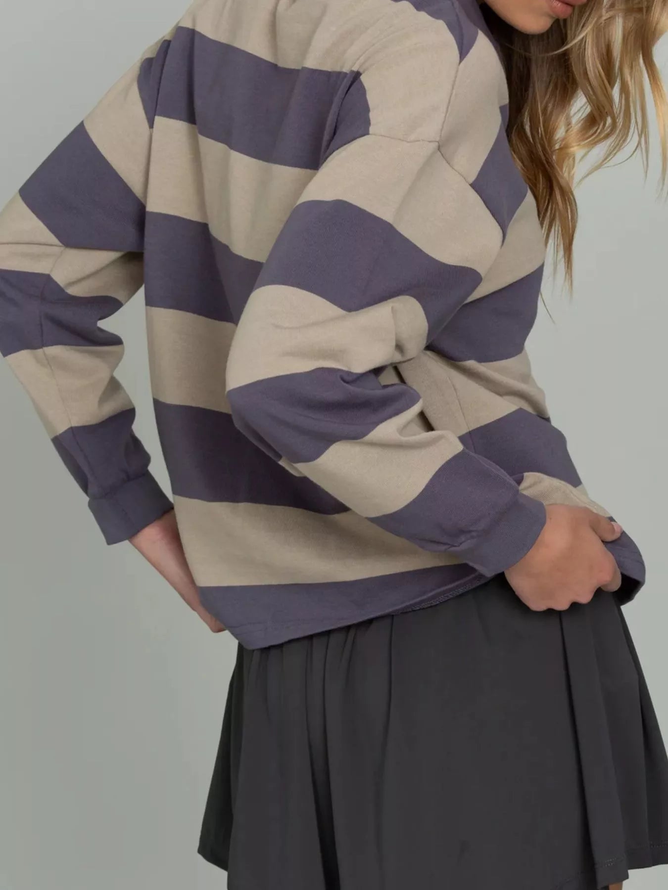 Striped Polo Collar Sweatshirt with Button Details  Shop One Place