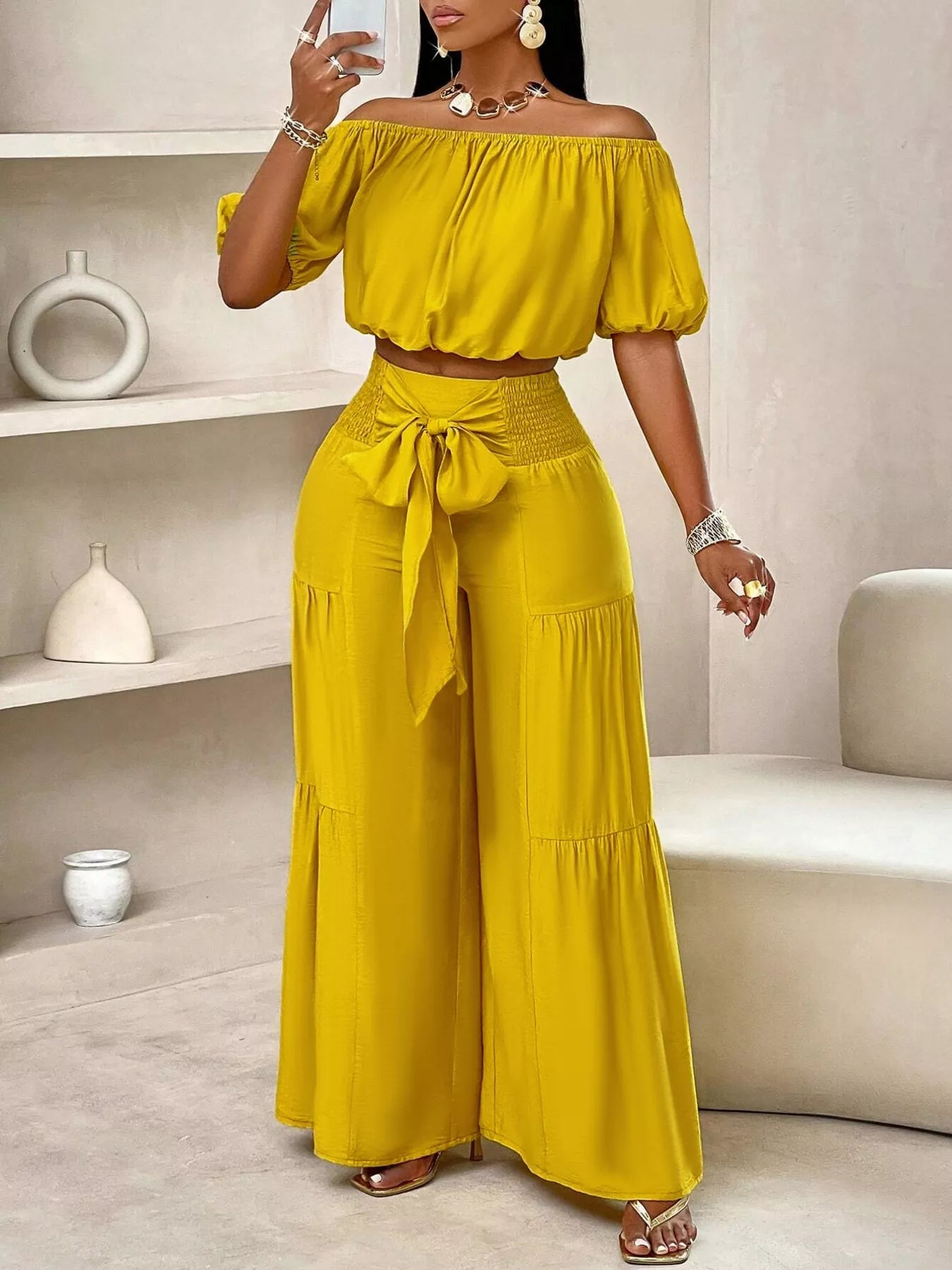 Elegant Off-Shoulder Crop Top and Ruched Wide Leg Pants Set  Shop One Place