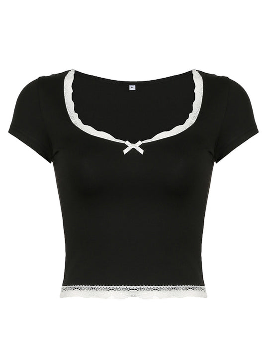 Lace Detail Sweetheart Neck Short Sleeve T-Shirt  Shop One Place