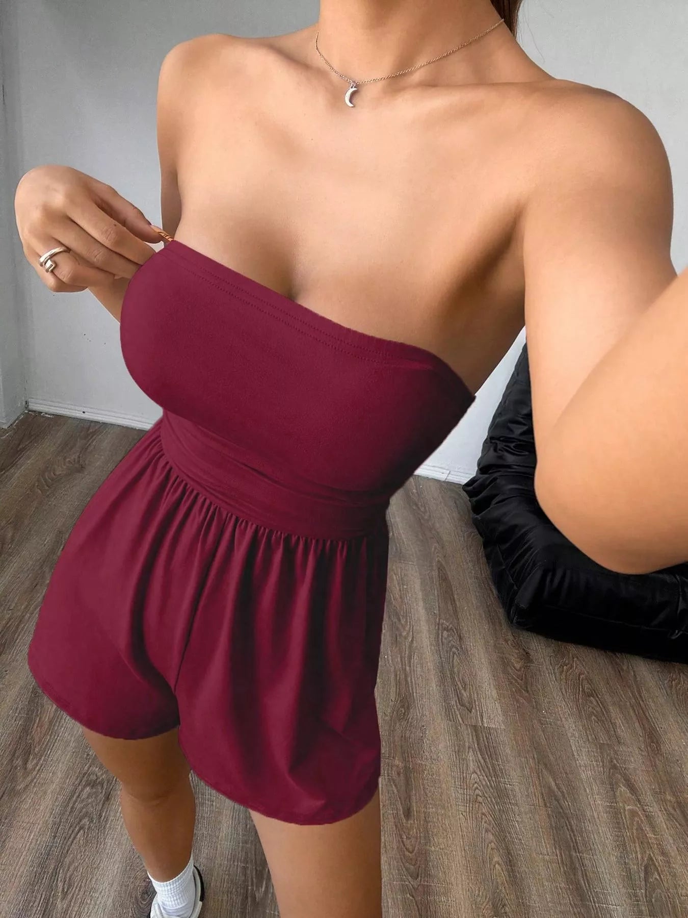 Strapless Ruched Waist Romper – Stretchy Cotton Blend Women’s Playsuit  Shop One Place