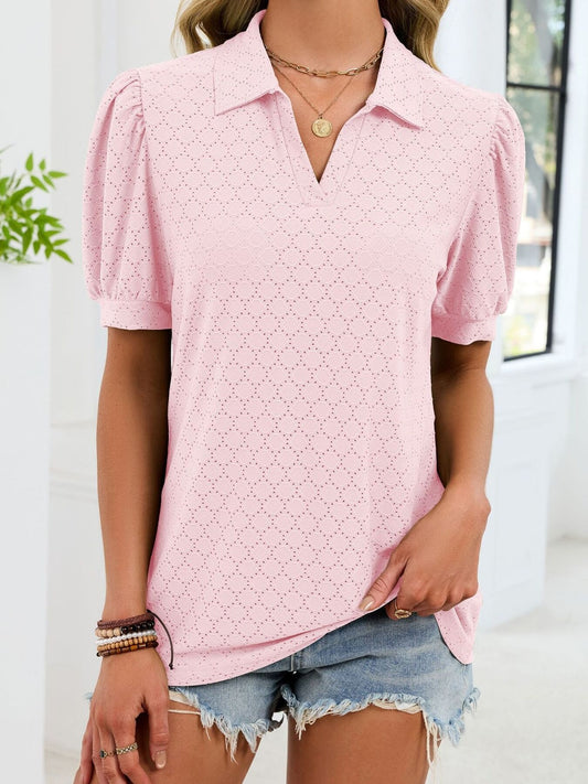 Eyelet Johnny Collar Puff Sleeve Top  Shop One Place