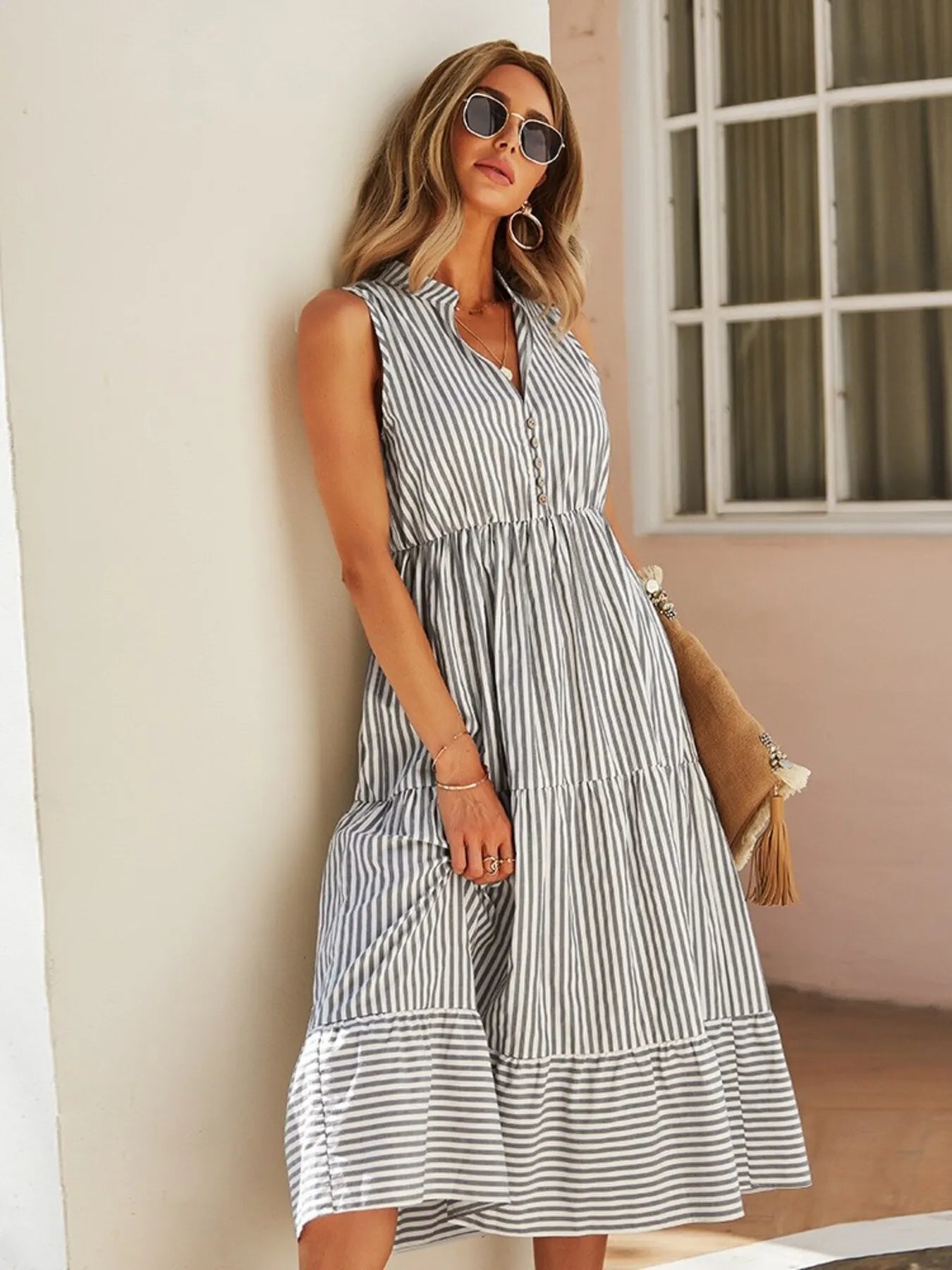 Striped Sleeveless Tiered Midi Dress  Shop One Place