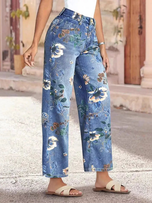Floral Print Wide Leg Jeans  Shop One Place