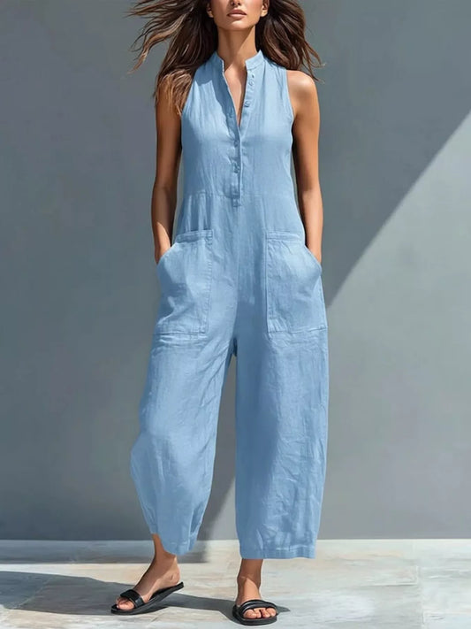 Full Size Button Front Sleeveless Jumpsuit Plus Size  Shop One Place