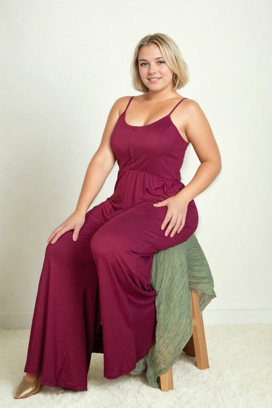 Plus Size Button Front Wide Leg Jumpsuit