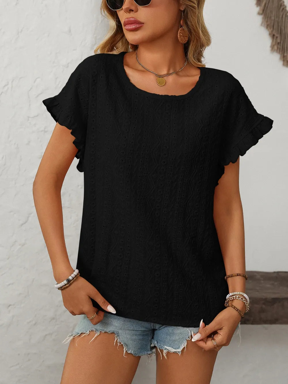 Mandy Eyelet Round Neck Short Sleeve Top  Shop One Place