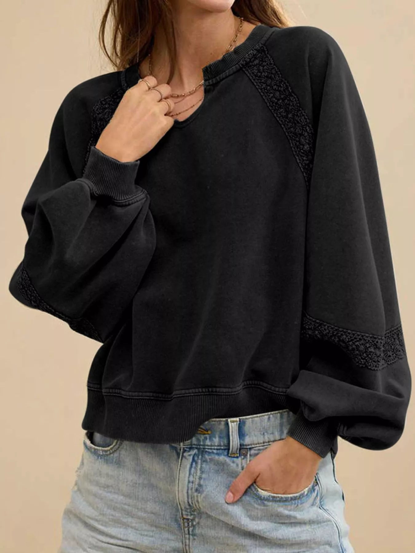 Notched Raglan Sleeve Sweatshirt  Shop One Place