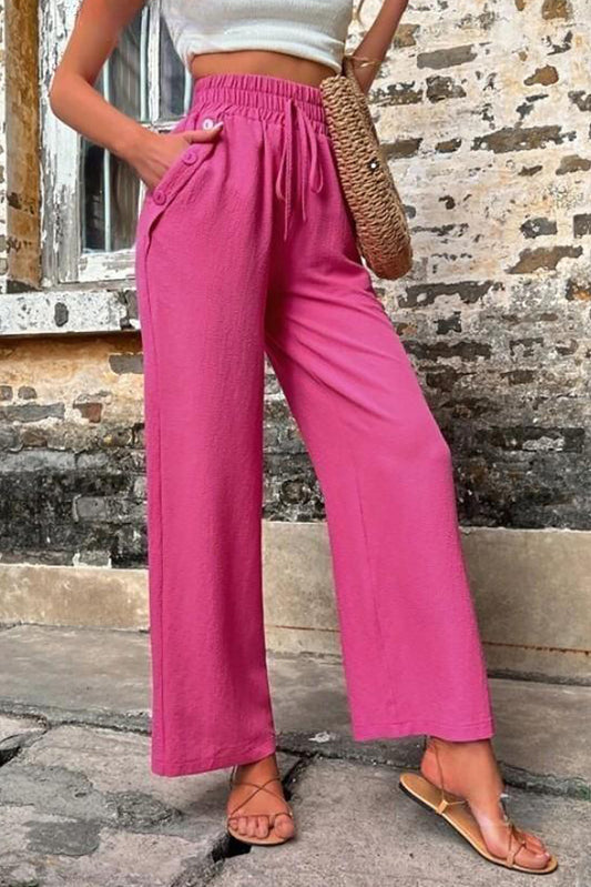 Rose Red Solid Color High Waisted Drawstring Loose Pants