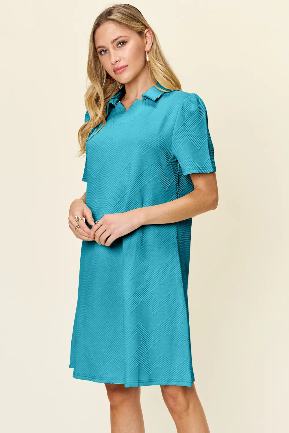 Double Take Full Size Texture Collared Neck Short Sleeve Dress  Shop One Place
