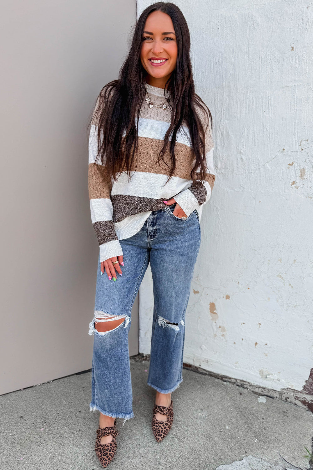 Brown Mixed Texture Knit Striped Colorblock Loose Sweater  Shop One Place