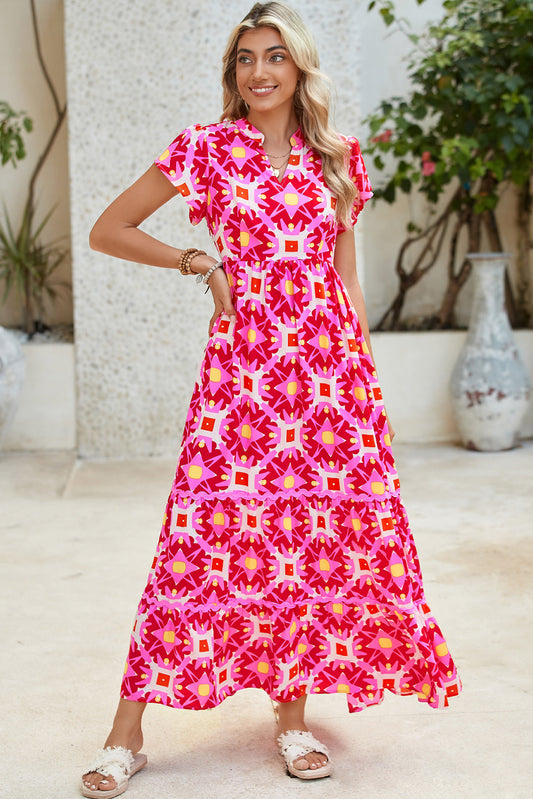Strawberry Pink Abstract Print Pleated Flounce Sleeve Maxi Dress  Shop One Place