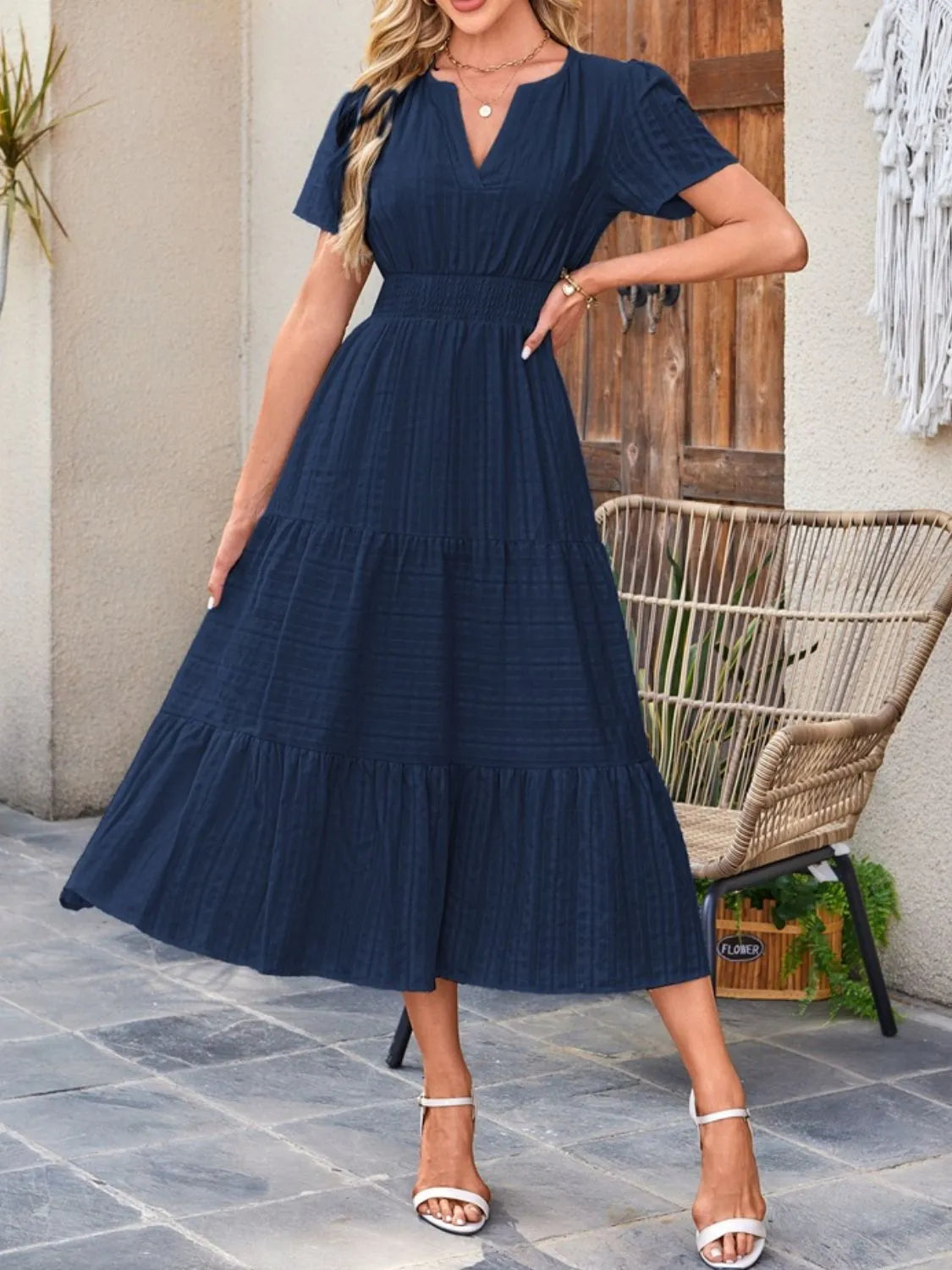 Tiered Notched Short Sleeve Dress  Shop One Place