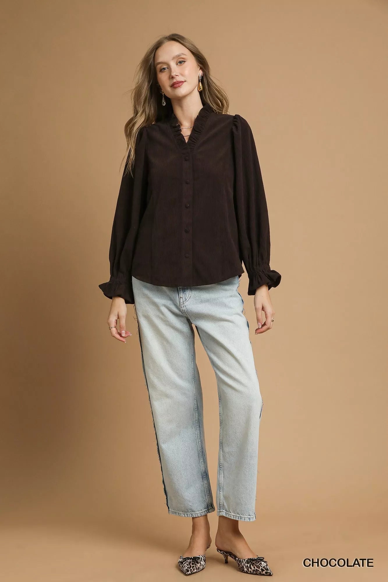 Umgee Corduroy Ruffle Shirt with Long Puff Sleeves  Shop One Place