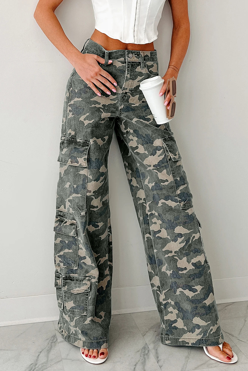 Green Camo Multi Pocket Cargo Wide Leg Jeans  Shop One Place
