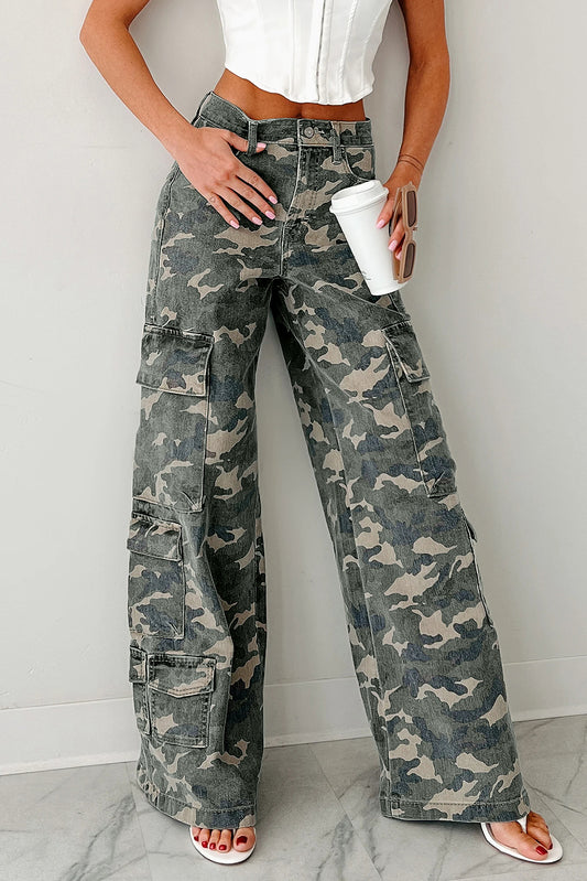 Green Camo Multi Pocket Cargo Wide Leg Jeans  Shop One Place