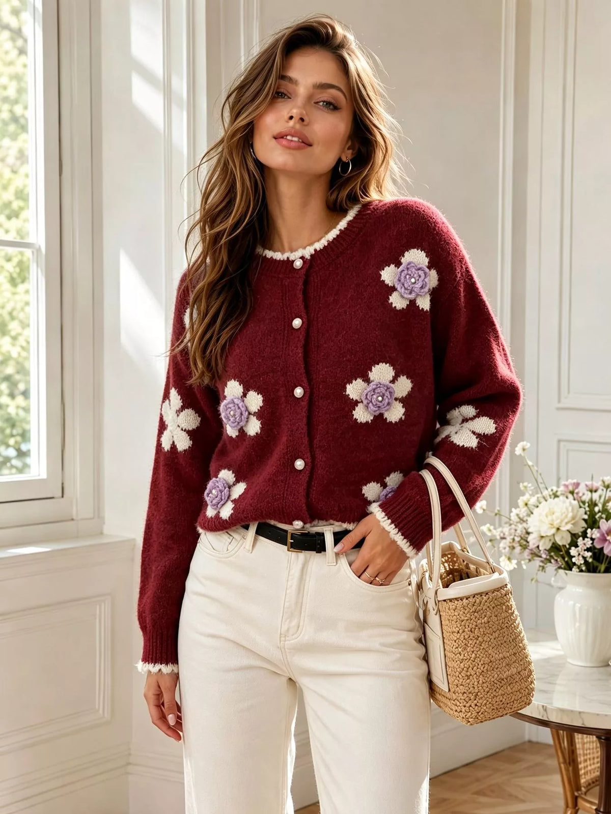 Floral Applique Button-Down Knit Cardigan  Shop One Place