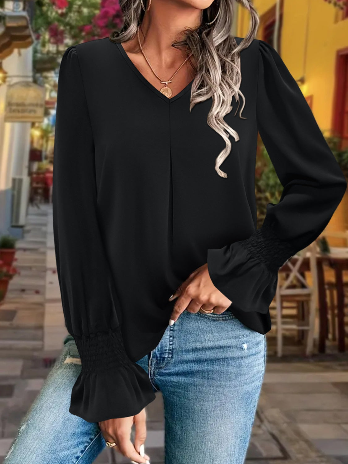 Black V-Neck Flounce Sleeve Blouse