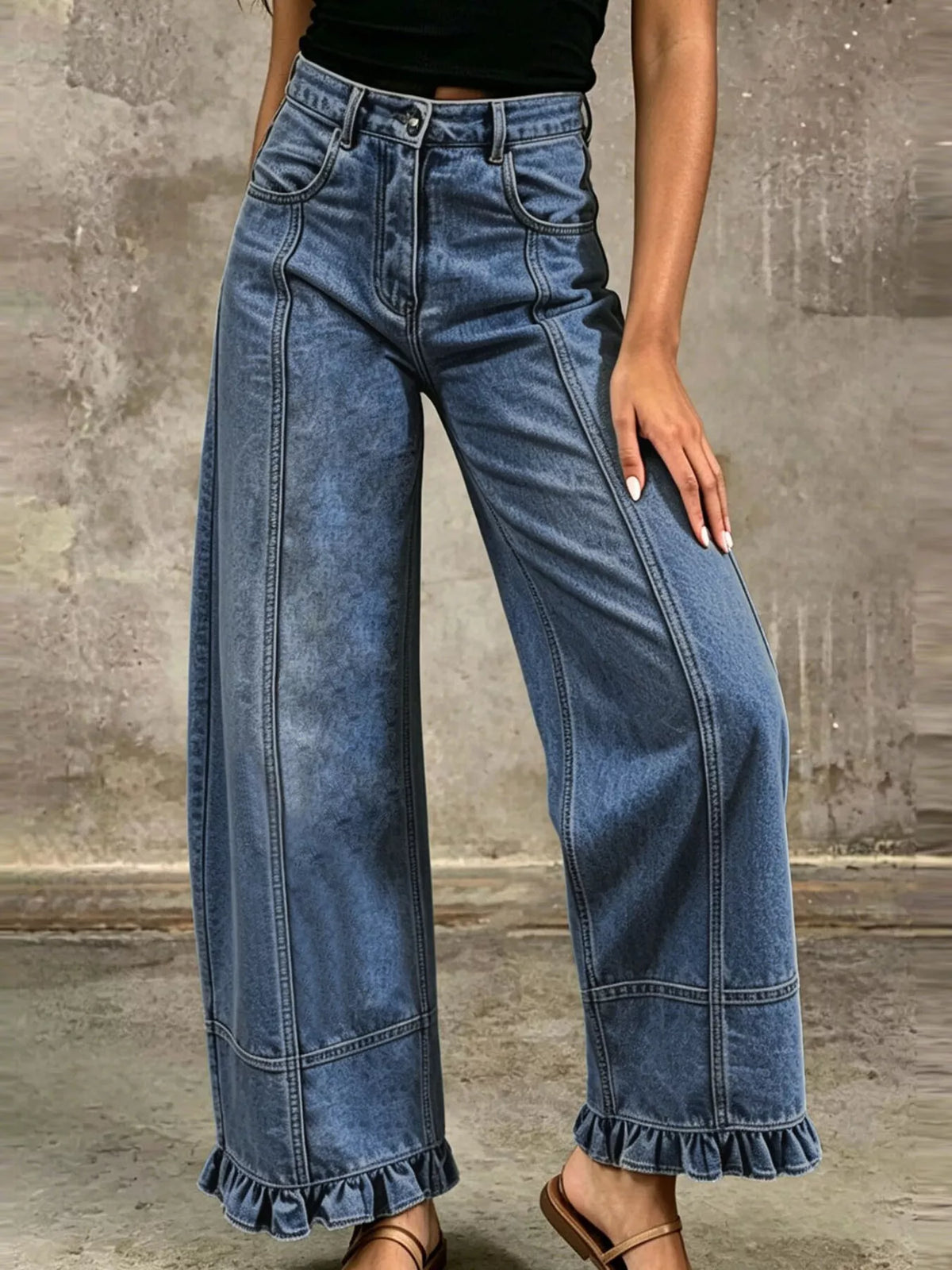 Full Size High-Waisted Wide-Leg Ruffled Hem Jeans Plus Size  Shop One Place