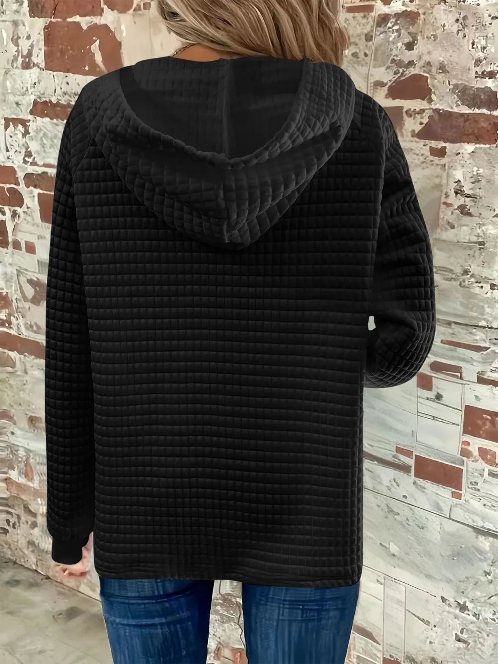 Full Size Texture Button Detail Drawstring Long Sleeve Hoodie  Shop One Place