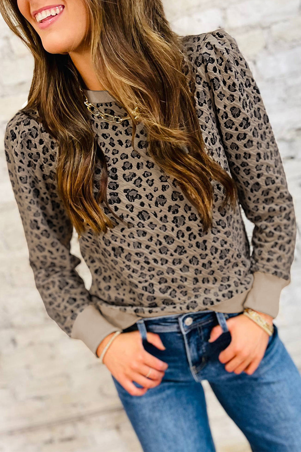 Khaki Ribbed Trim Leopard Print Long Sleeve Top  Shop One Place