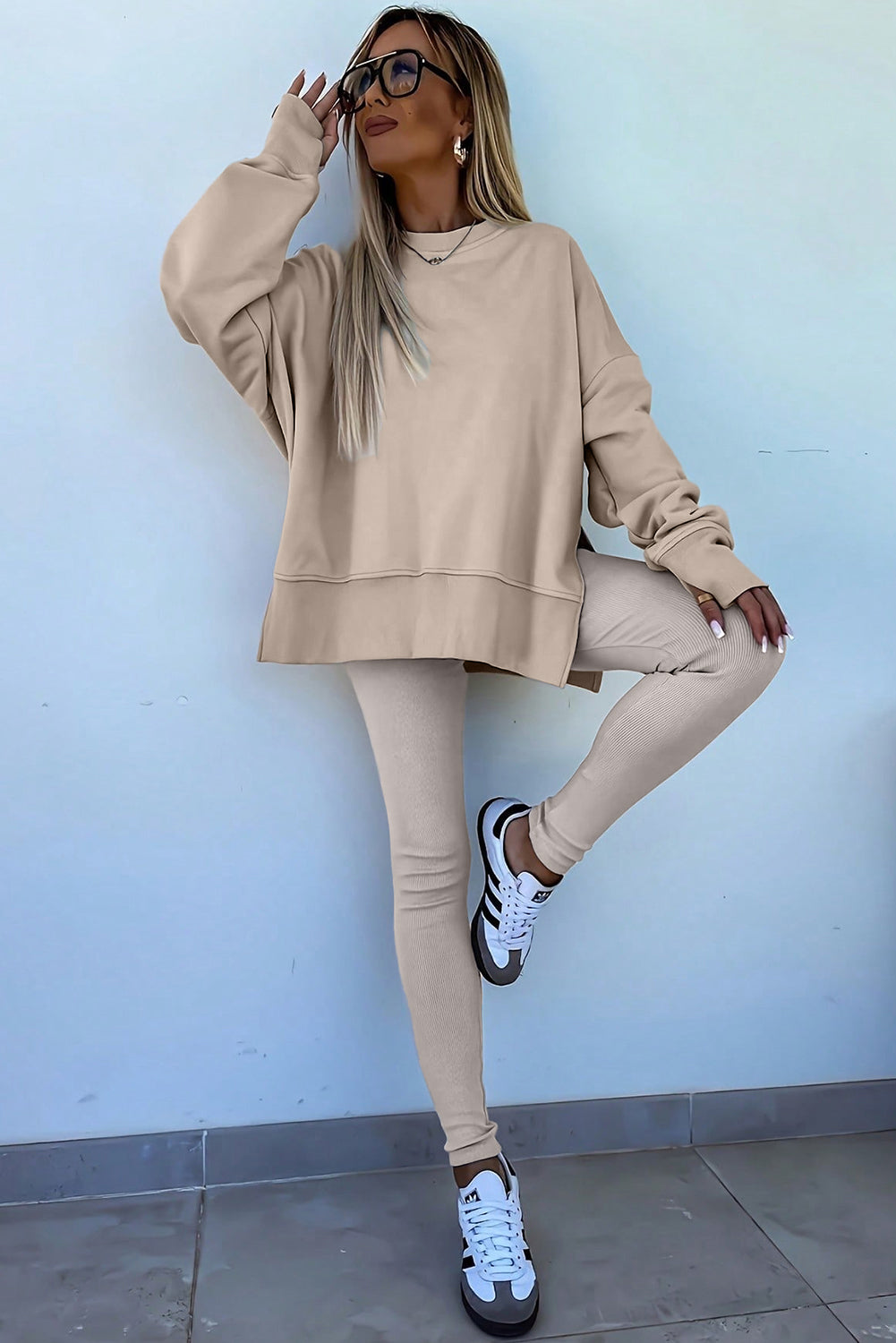 Green Bay Solid Color Oversize Slit Sweatshirt Ribbed Leggings Set  Shop One Place