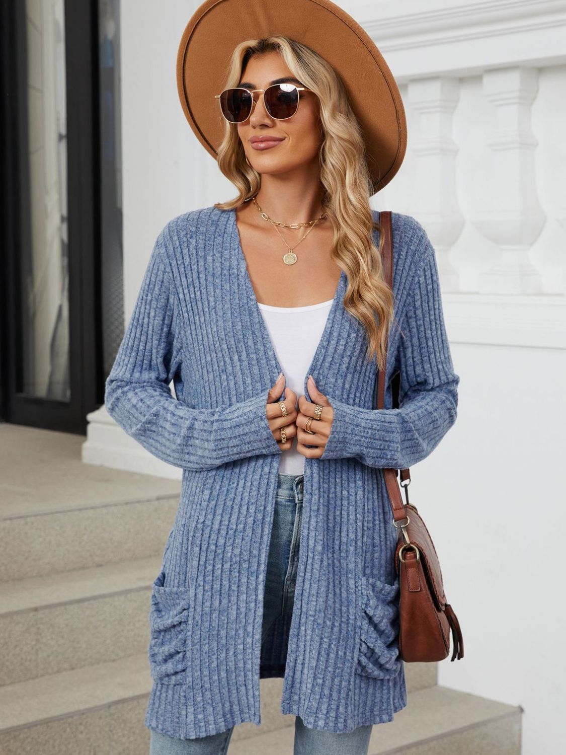 Pocketed Open Front Long Sleeve Cardigan  Shop One Place