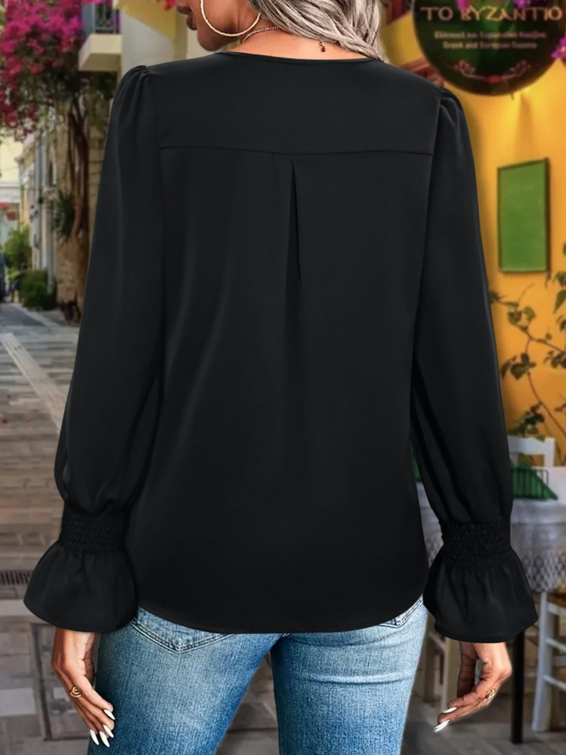 Black V-Neck Flounce Sleeve Blouse