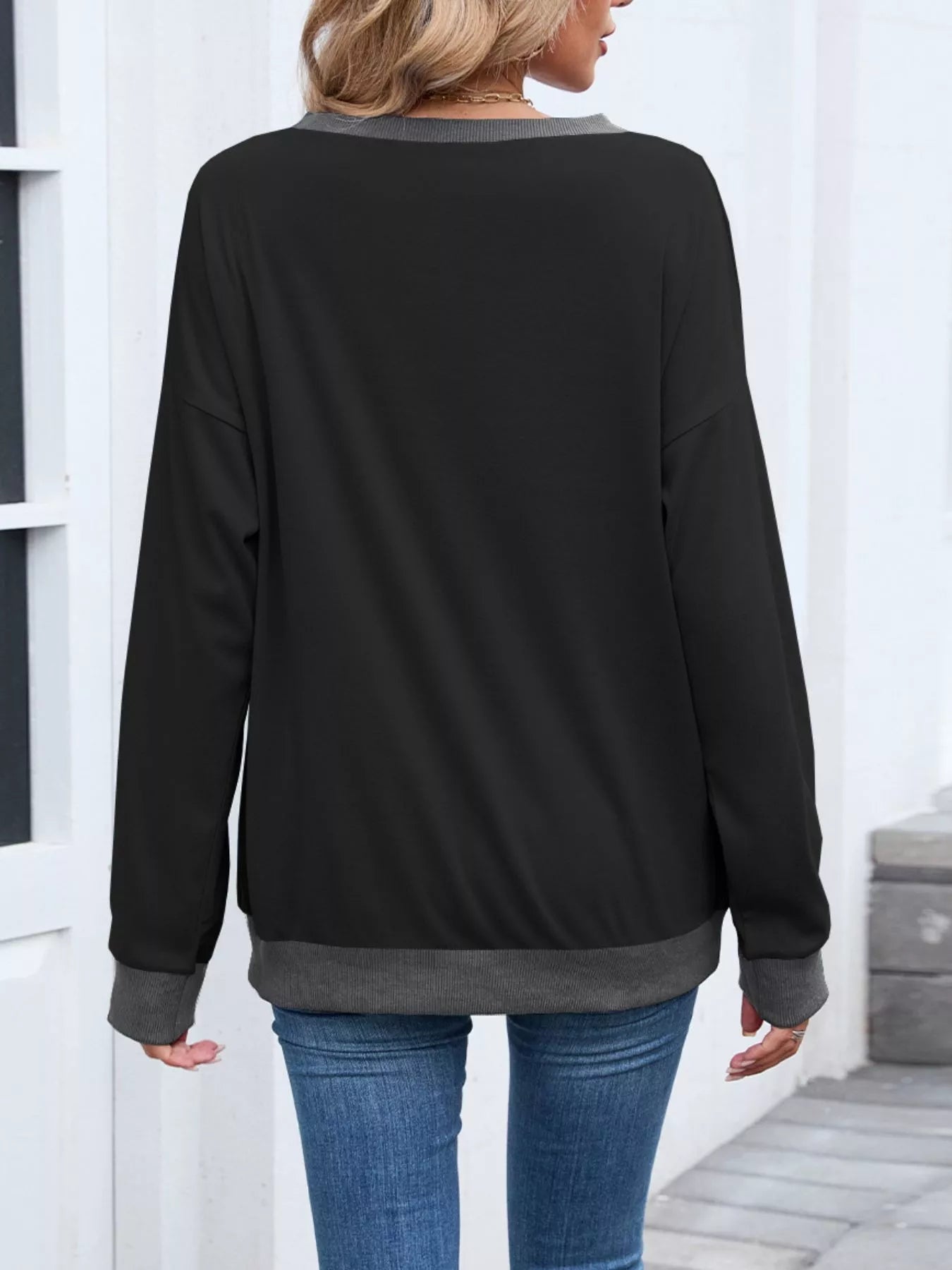 Contrast Trim Long Sleeve Sweatshirt  Shop One Place
