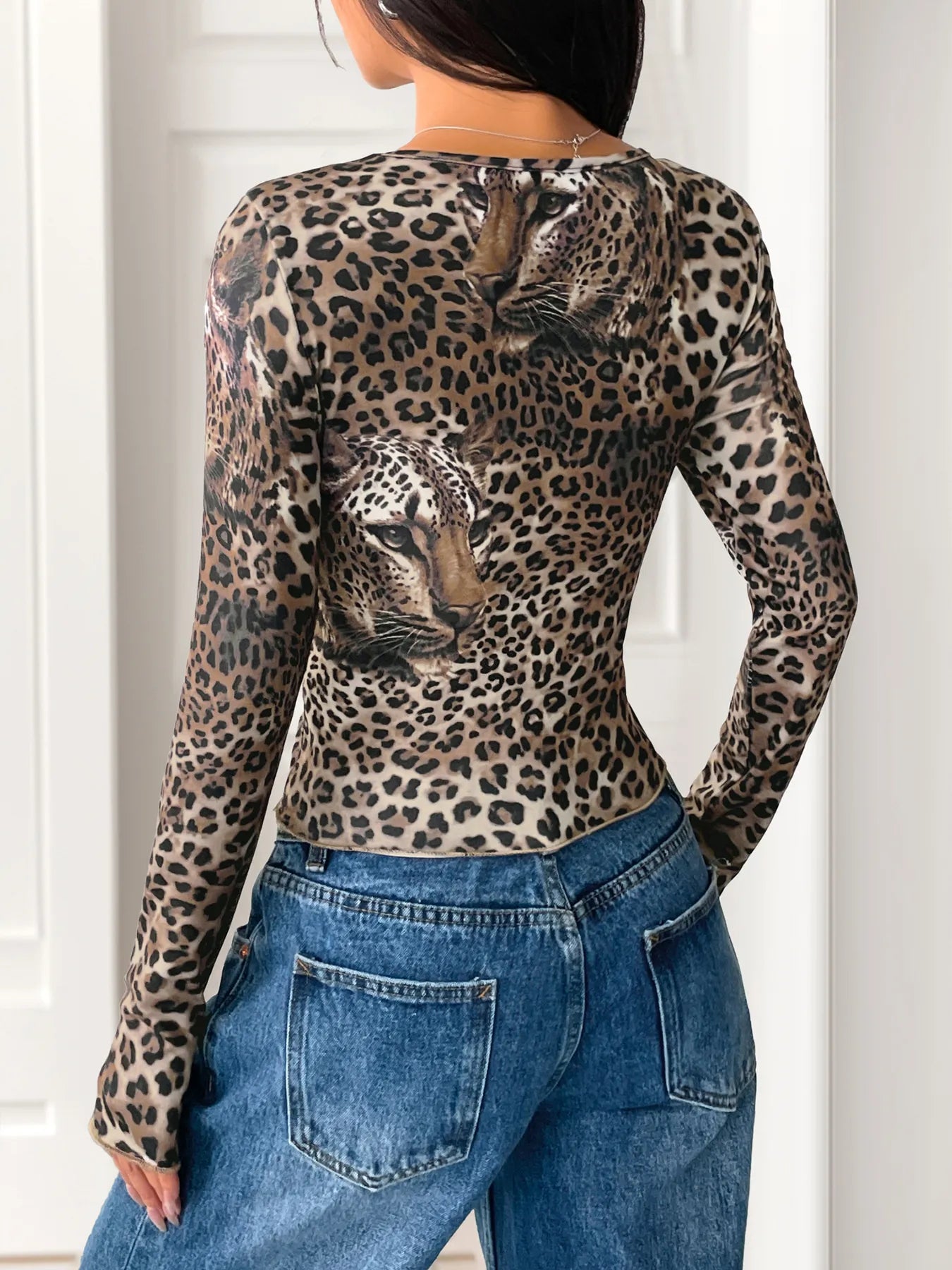 Leopard Print Long Sleeve Fitted T-Shirt  Shop One Place