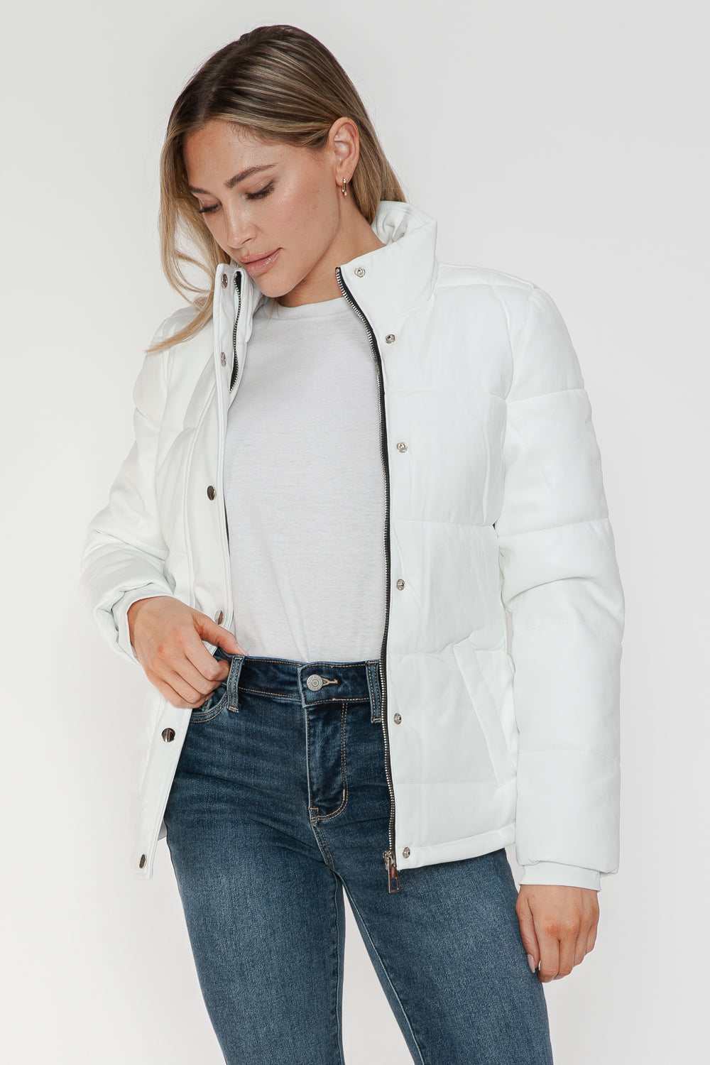 White YMI Pocketed Zip Up Turtleneck Puffer Jacket