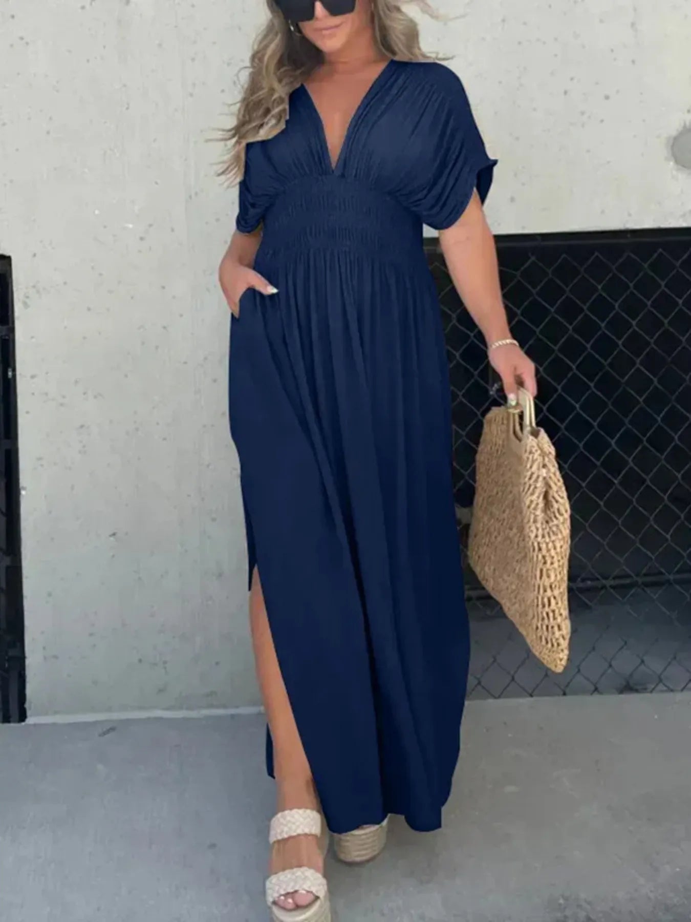 Full Size Deep V-Neck Maxi Dress with Side Slit Plus Size  Shop One Place