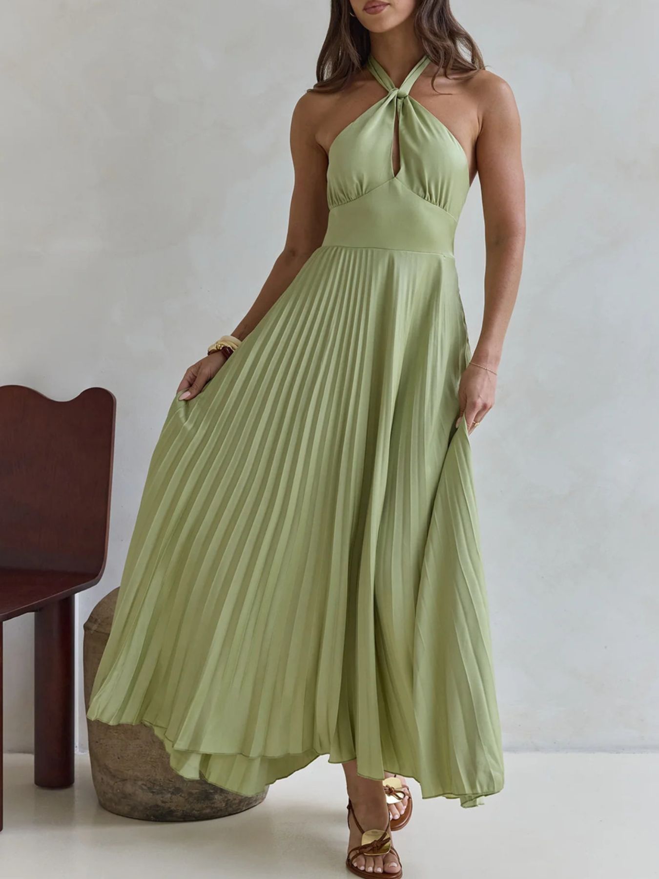 Halter Neck Pleated A-Line Dress  Shop One Place