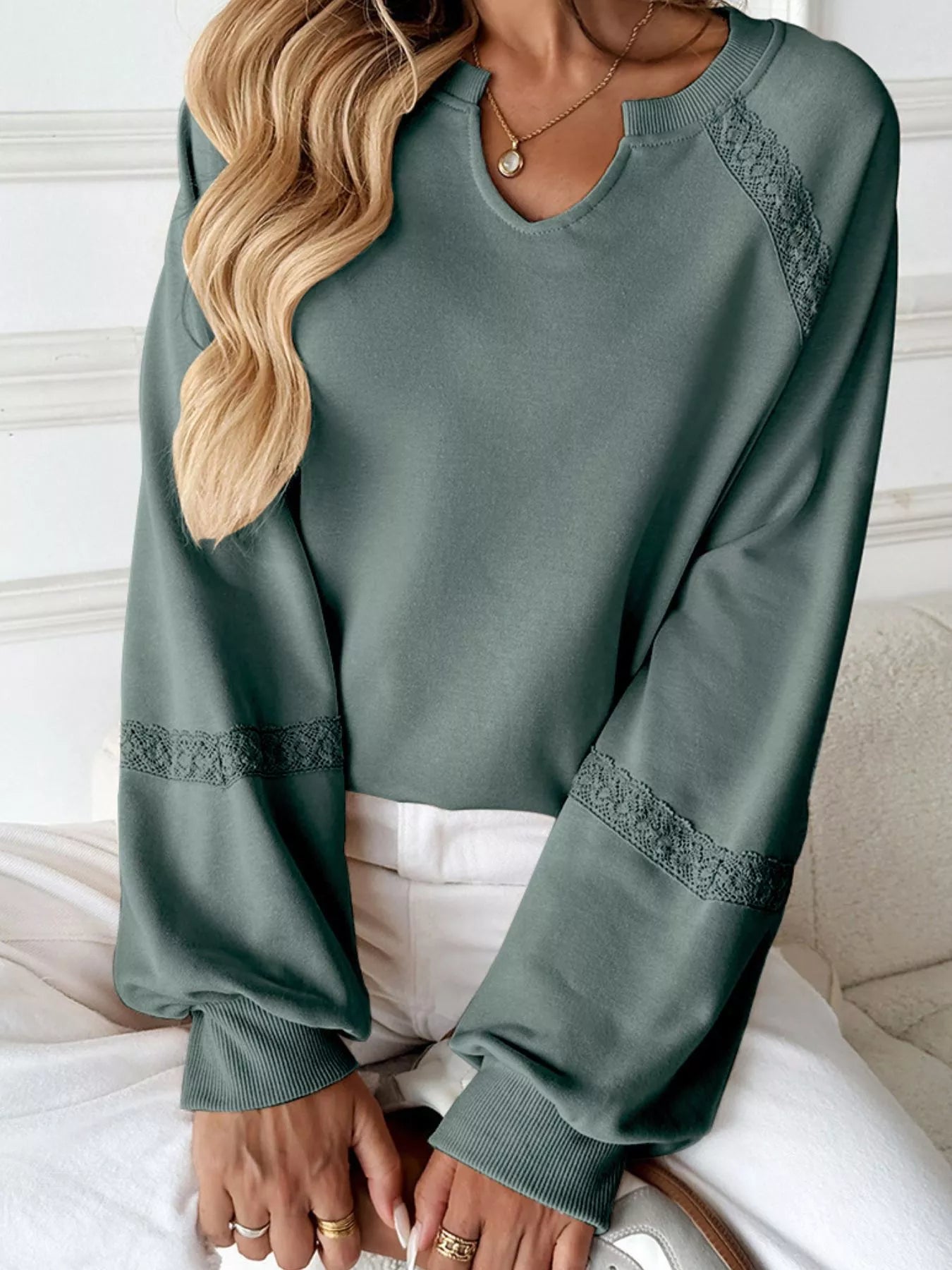 Notched Raglan Sleeve Sweatshirt  Shop One Place