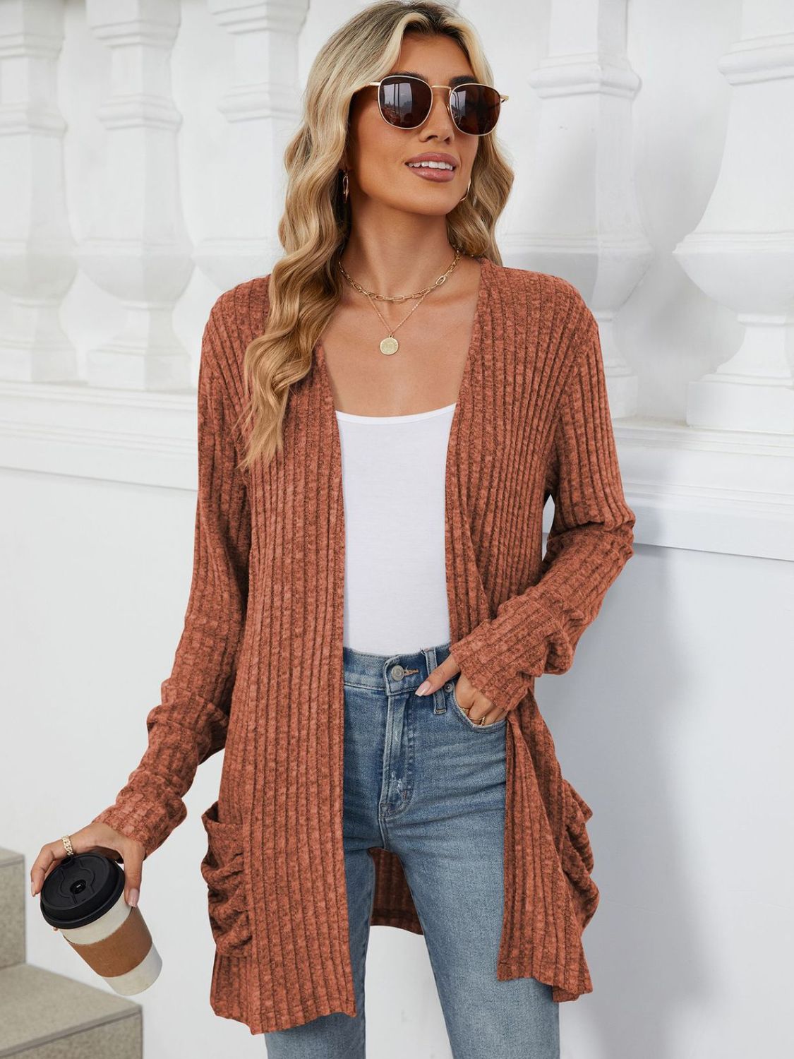 Pocketed Open Front Long Sleeve Cardigan  Shop One Place