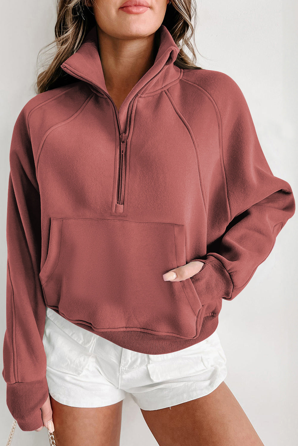 Zip Up Stand Collar Ribbed Thumbhole Sleeve Sweatshirt  Shop One Place