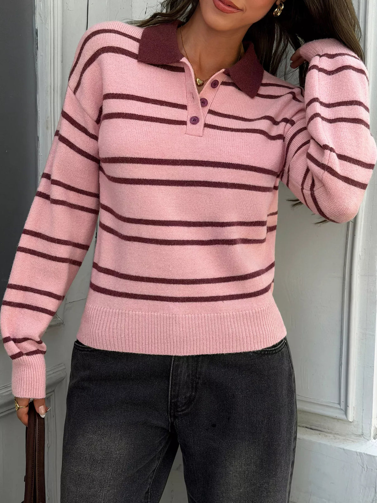 Women's Striped Polo Collar Sweater – view 4