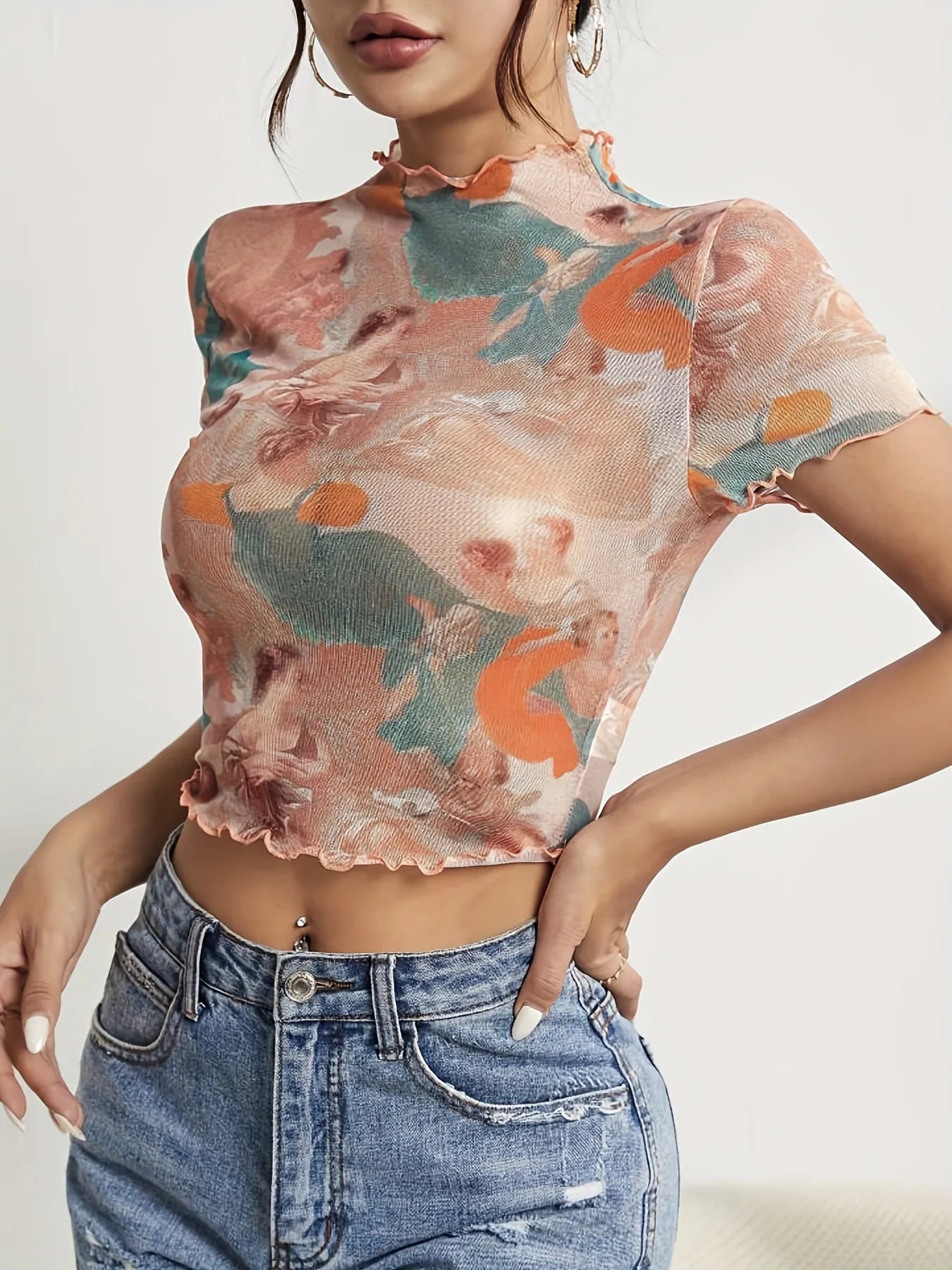 Abstract Print Ruffled Mock Neck Crop T-Shirt  Shop One Place
