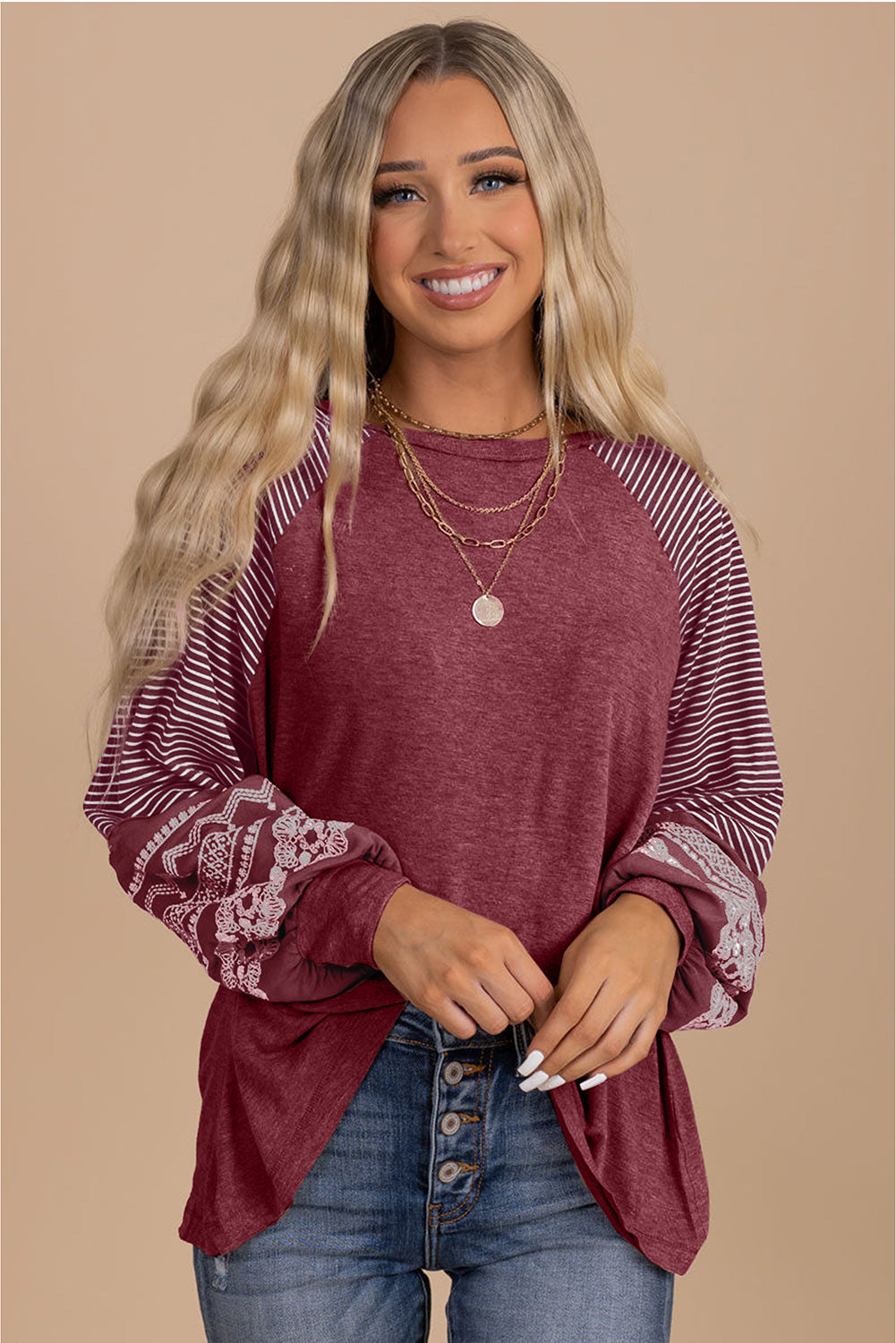 Contrast Print Striped Raglan Long Sleeve Loose Top  Shop One Place