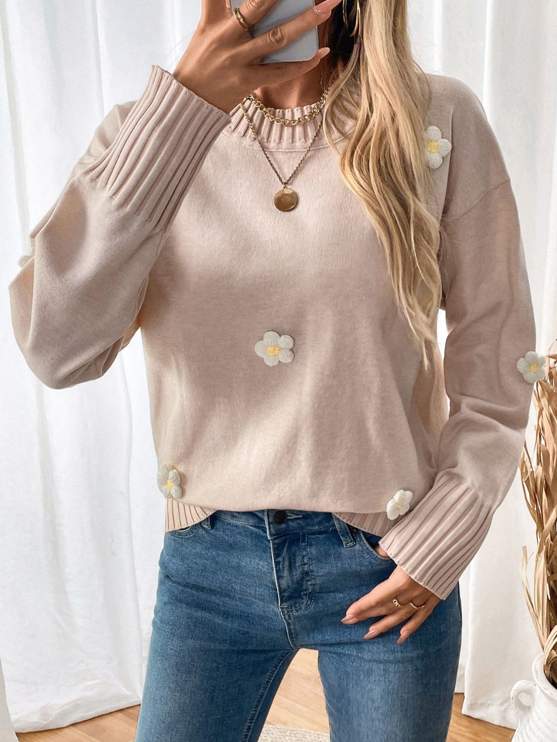 Perfee Flower Round Neck Long Sleeve Sweater  Shop One Place