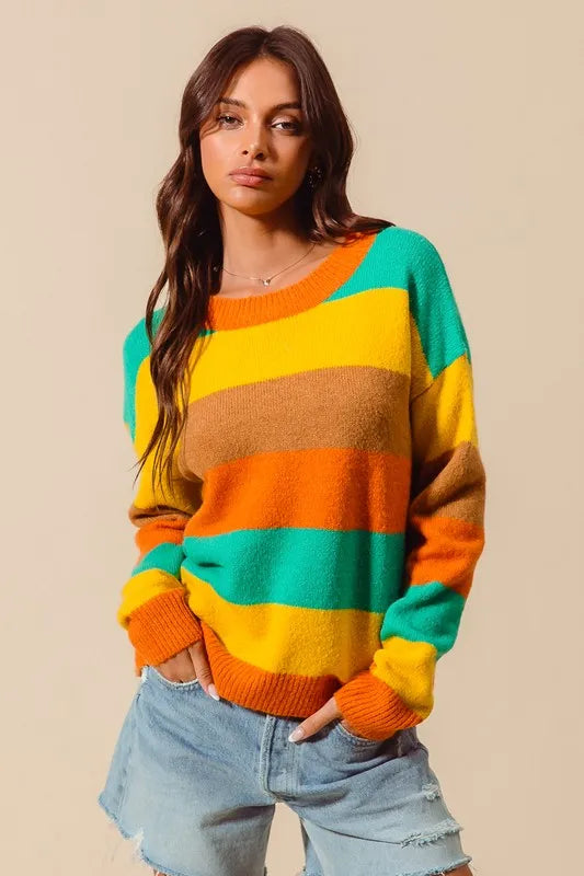 SO ME Multi Color Stripe Sweater with Ribbed Detail  Shop One Place
