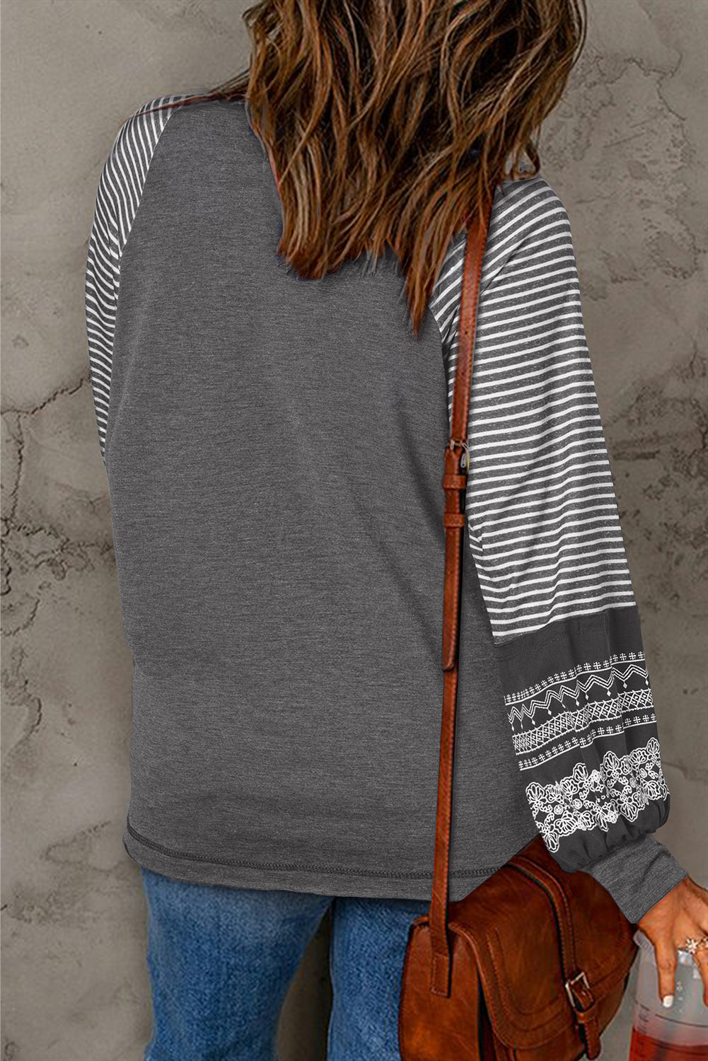 Gray Contrast Print Striped Raglan Long Sleeve Loose Top  Shop One Place