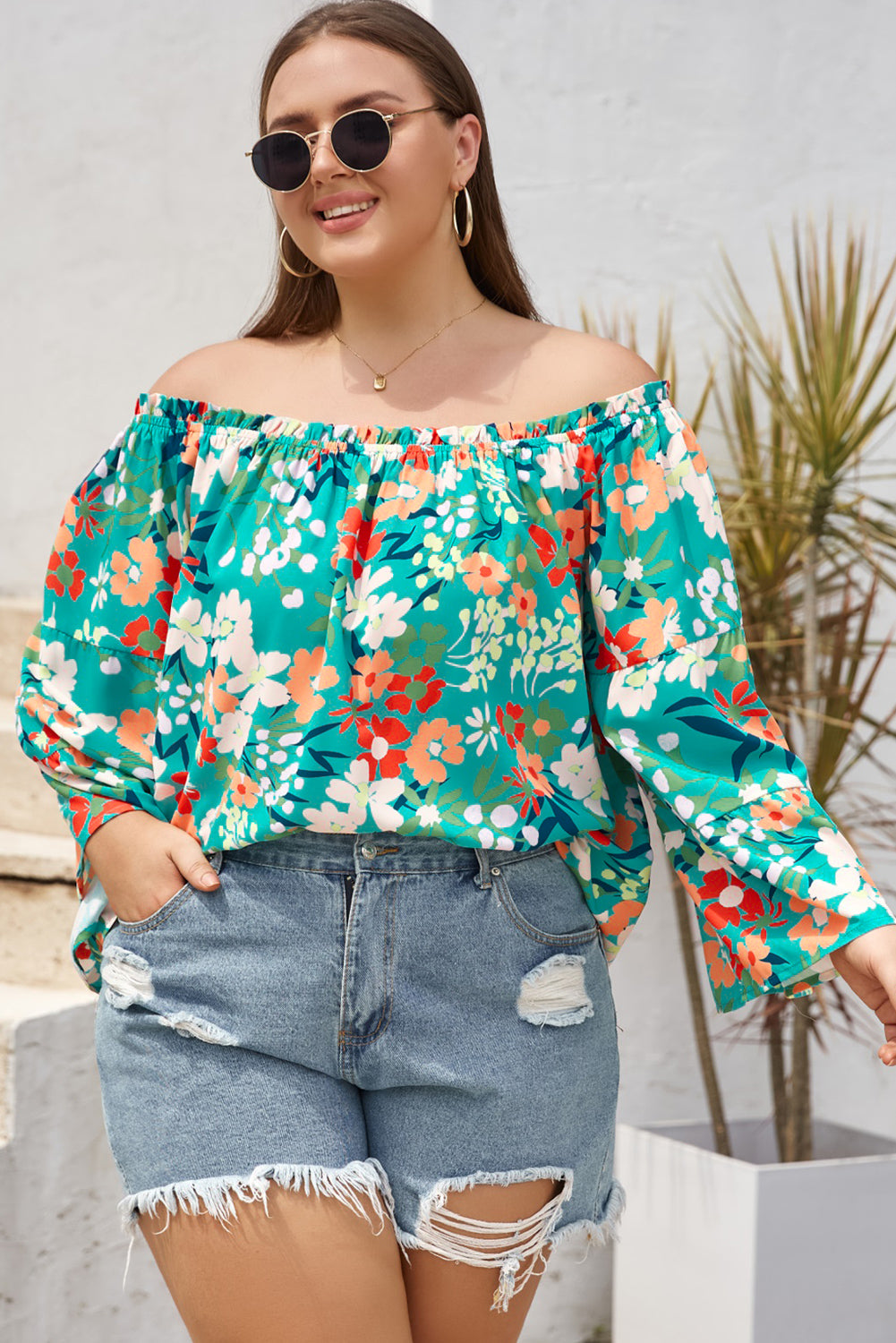 Green Floral Print Frilled Off Shoulder Plus Size Blouse