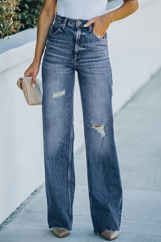 Light Blue Ripped Pockets High Waisted Straight Leg Jeans