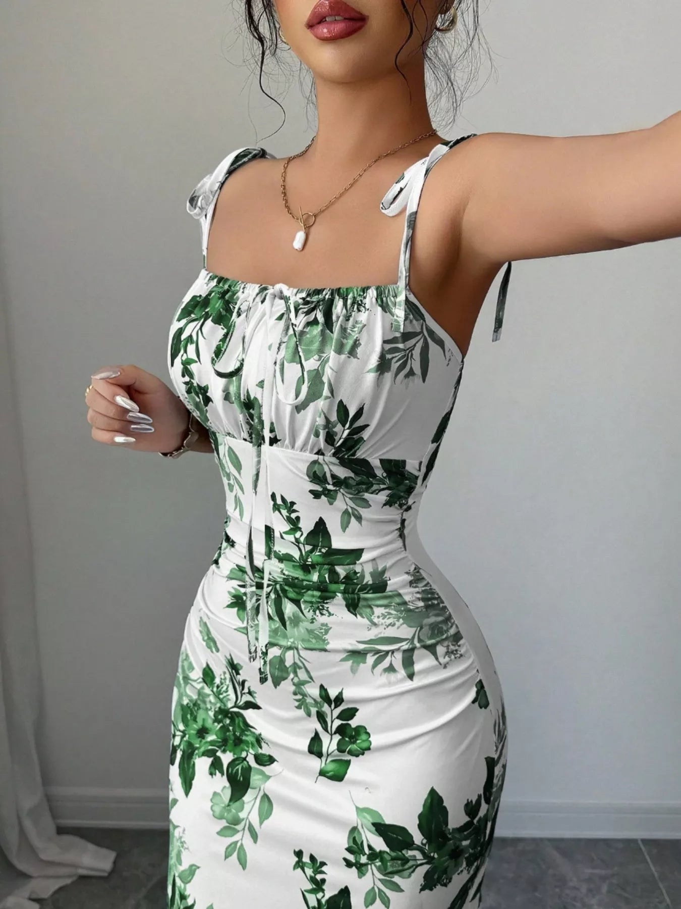 Printed Tie Strap Slit Maxi Dress  Shop One Place