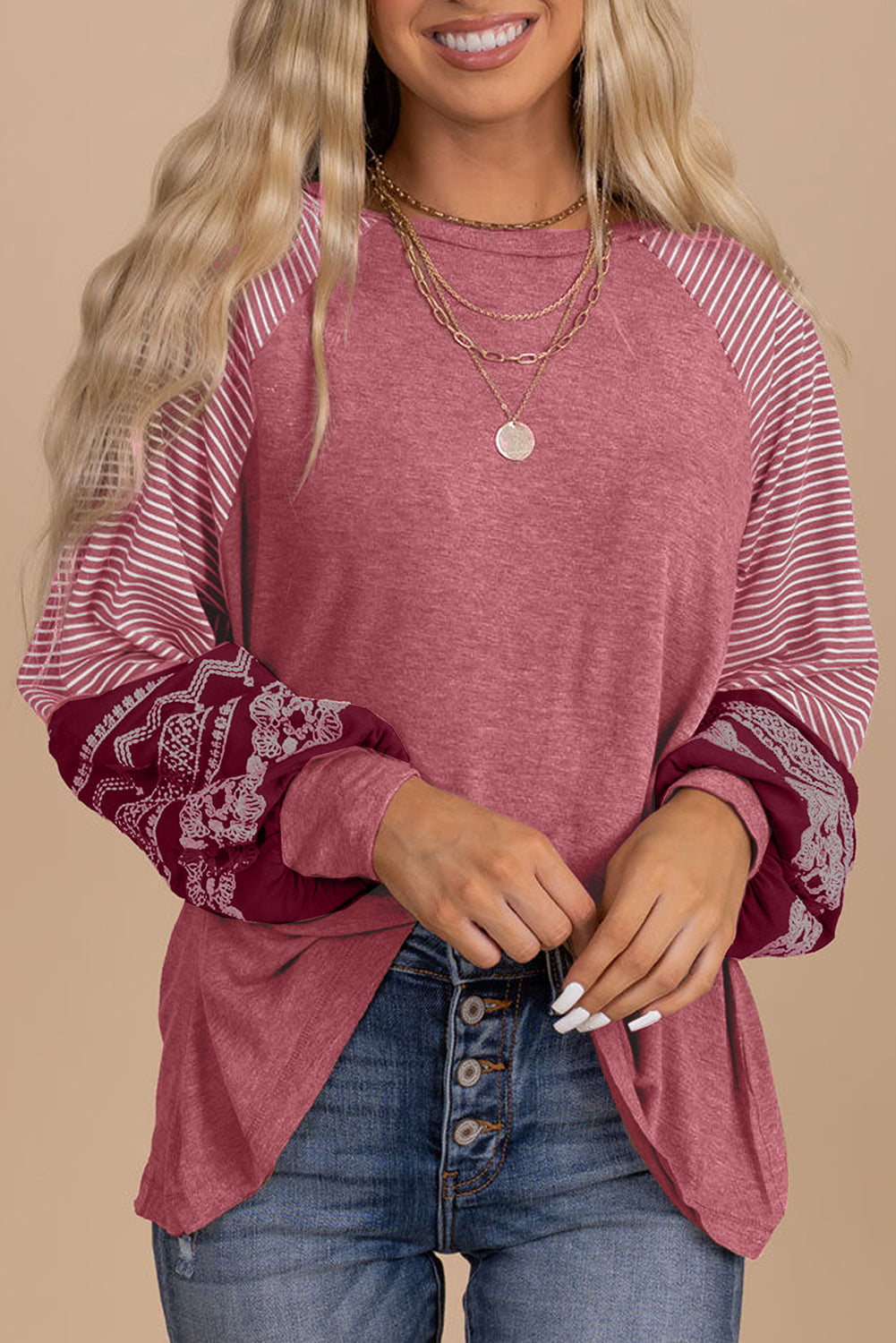 Gray Contrast Print Striped Raglan Long Sleeve Loose Top  Shop One Place