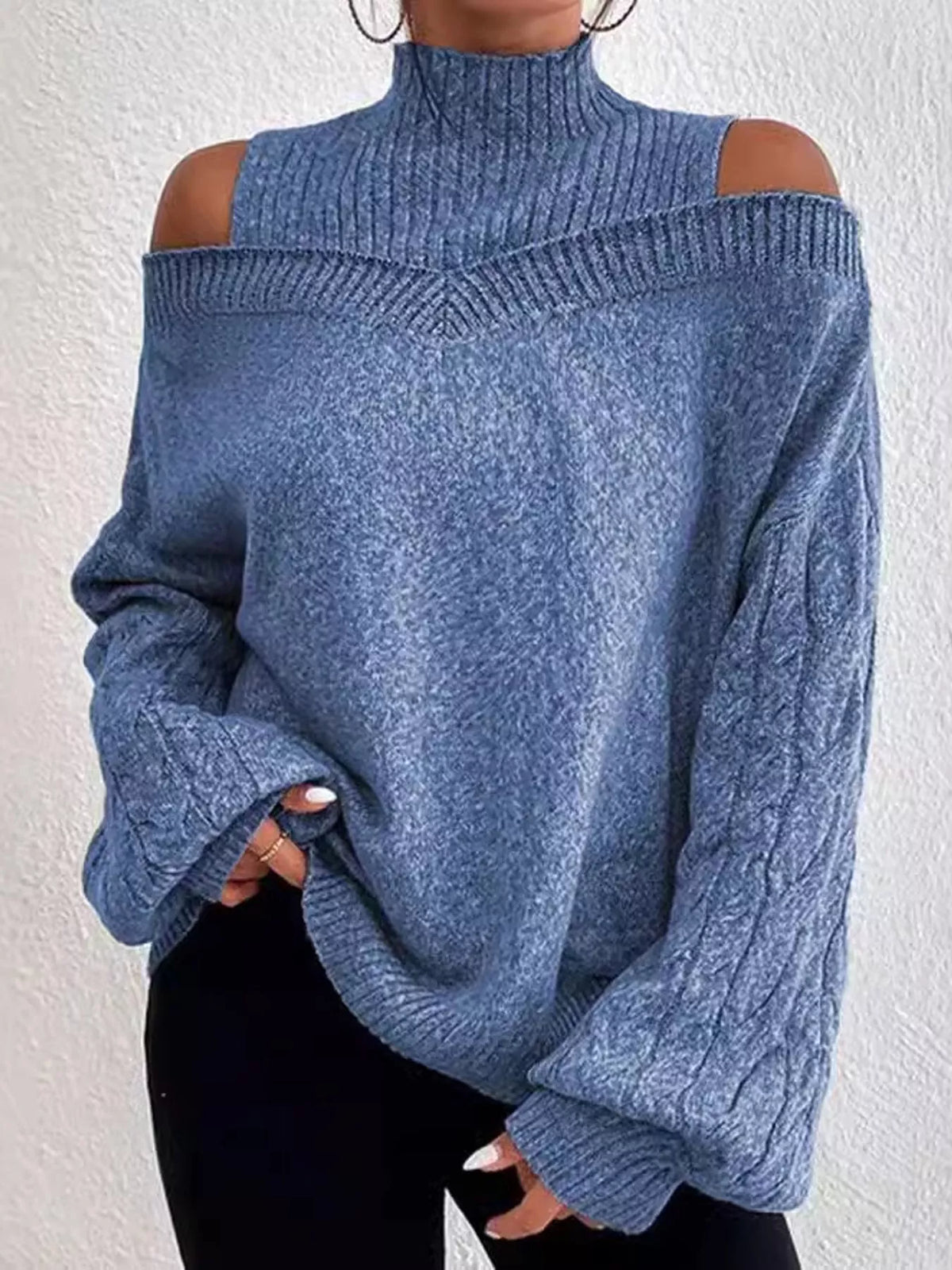 Women's Cold Shoulder Mock Neck Cable Knit Sweater – view 9